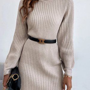 Turtleneck Ribbed Knit Sweater Dress in Light Cream